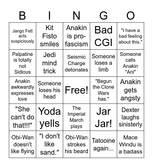 Attack of the Clones Bingo Card