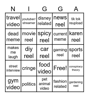 Instagram reel bingo Card