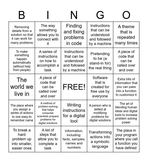 Intro to Computer Science Bingo Card