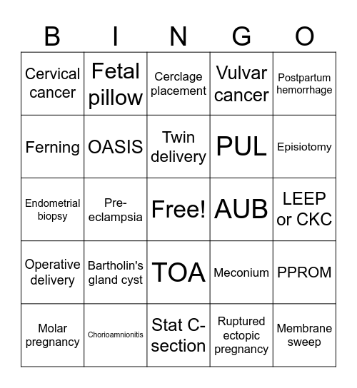 OB/GYN CLERKSHIP BINGO Card