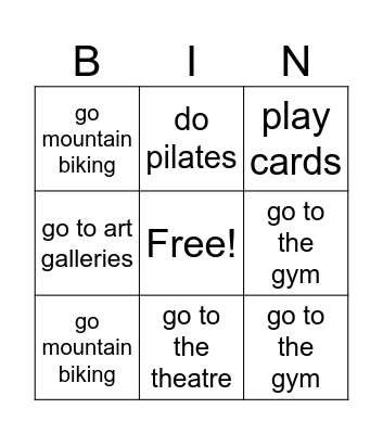 Leisure activities Bingo Card