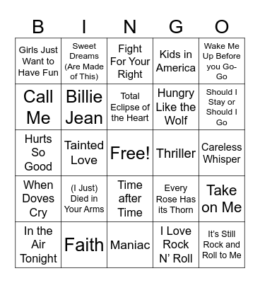 80s Music Bingo Card