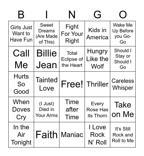 80s Music Bingo Card