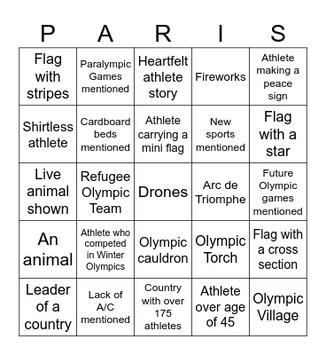 2024 Olympic Opening Ceremonies Bingo Card