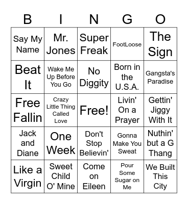 80s and 90s Music Bingo Card