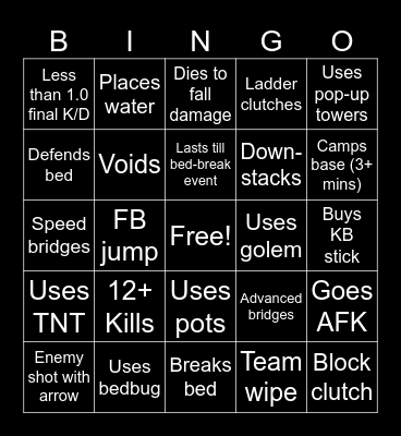 Bedwars Player Bingo Card