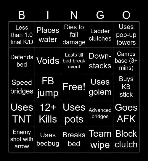 Bedwars Player Bingo Card