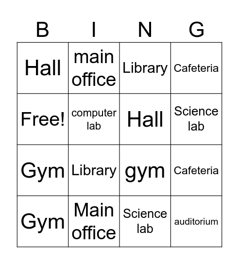 PLACES AT THE SCHOOL Bingo Card