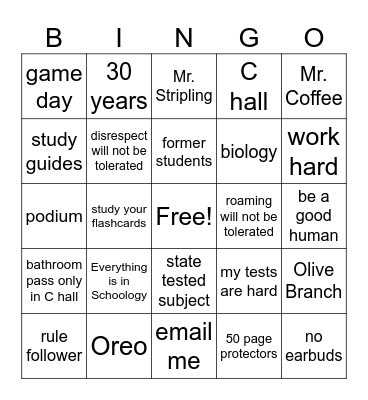 Mrs. Matthews Biology Class Bingo Card
