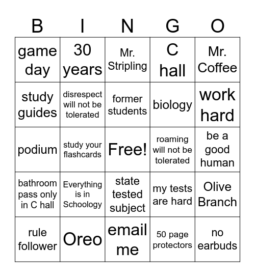 Mrs. Matthews Biology Class Bingo Card