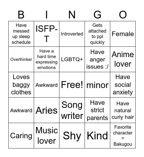 Bakugo's Bingo <3 Bingo Card
