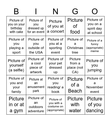 Cell Phone Picture Bingo Card