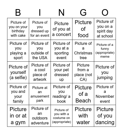 Cell Phone Picture Bingo Card
