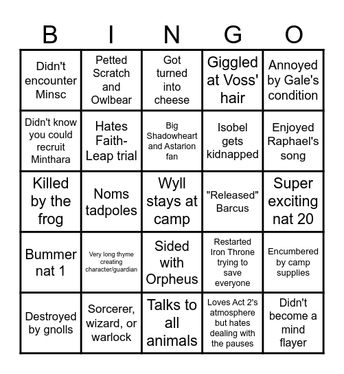 Bestie BG3 Bingo! Bingo Card