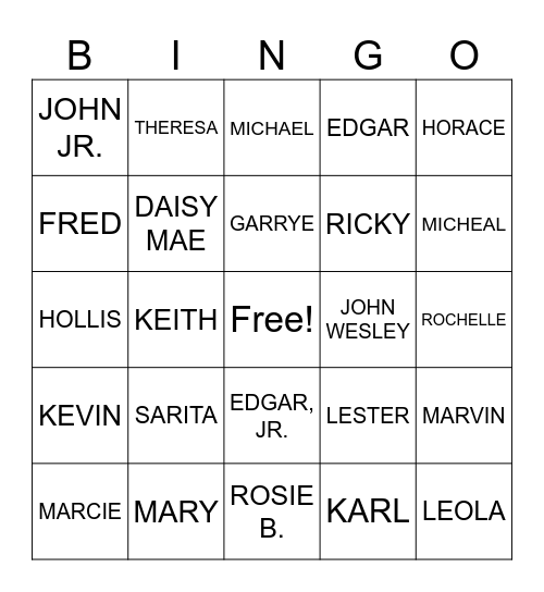 GLOVER FAMILY GENERATIONS 1 2 AND 3 Bingo Card