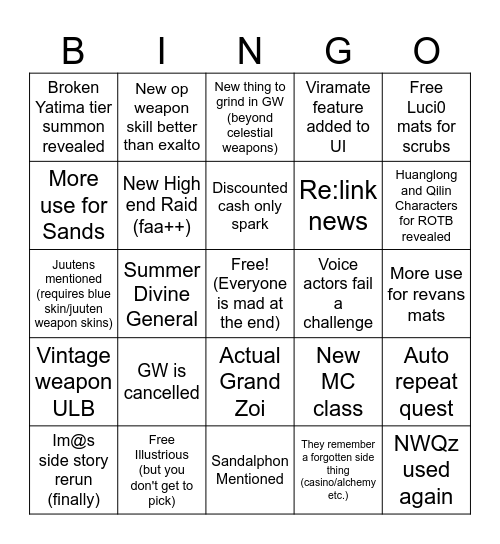 GRANBLUE Summer Stream Bingo~! Bingo Card