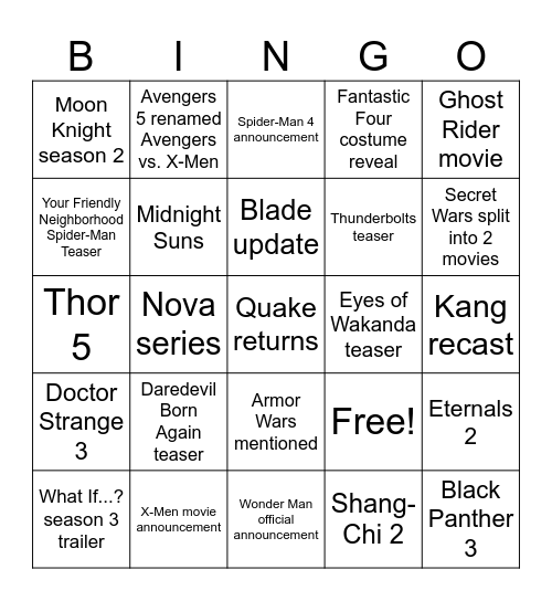 Marvel Hall H Bingo Card