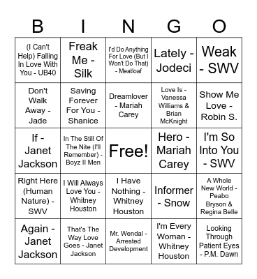 1993 Pop Songs Bingo Card