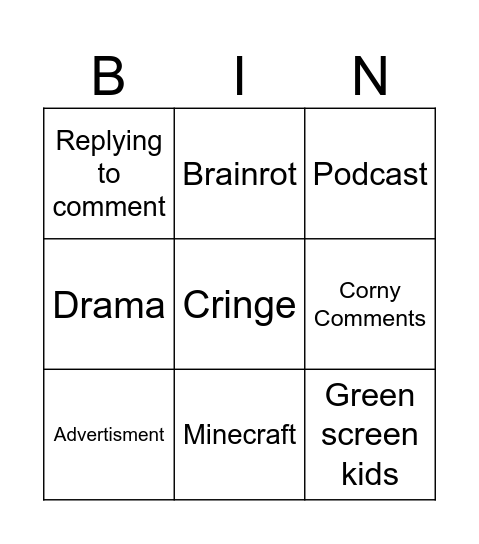 Shorts Bingo Card