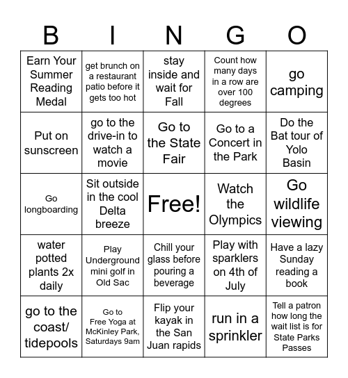 Summer in Sacramento Bingo! Bingo Card