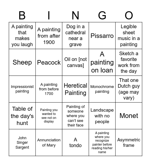 Art Museum Bingo Card