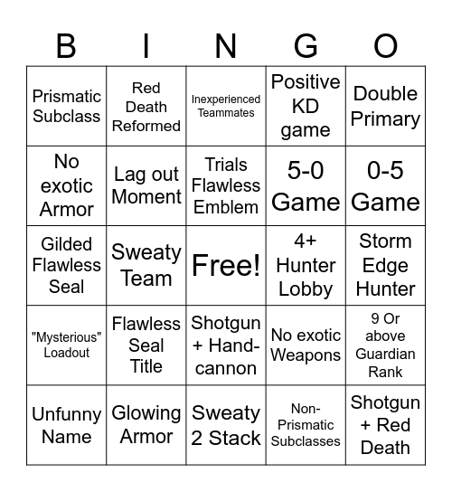 Trials Bingo Card