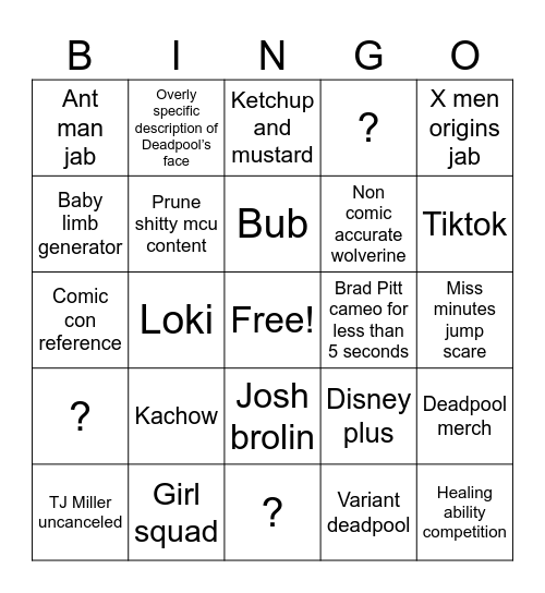 Deadpool Bingo Card