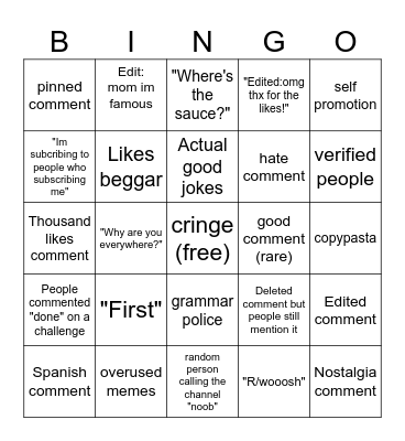 Youtube comment and reply section bingo Card