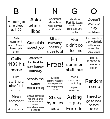 Cole bingo Card