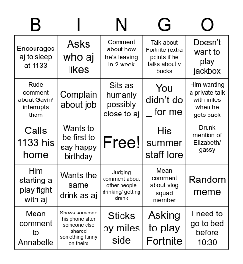 Cole bingo Card