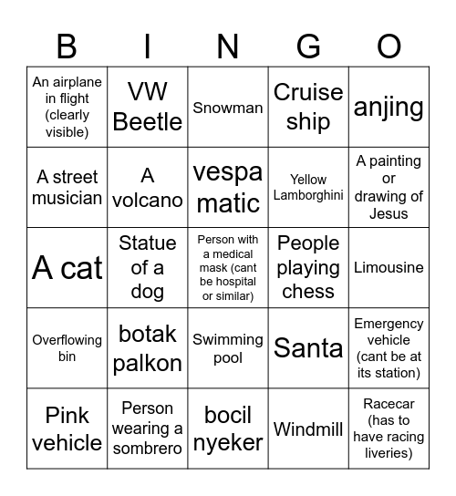 Street View Bingo Card