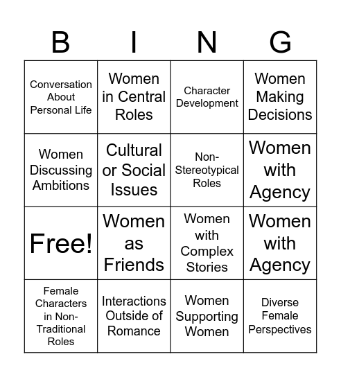 Female Character Depth Bingo Card