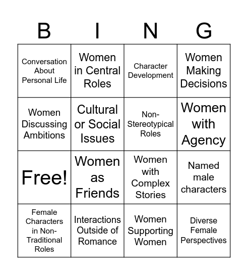 Female Character Depth Bingo Card