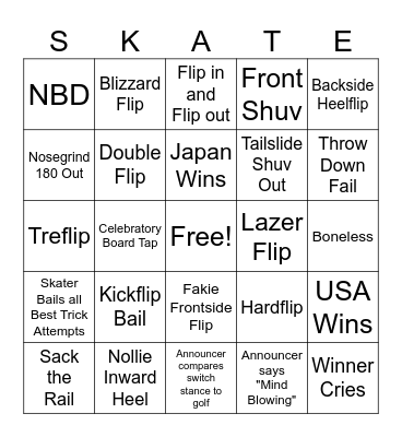 Skateboarding Olympics Bingo Card