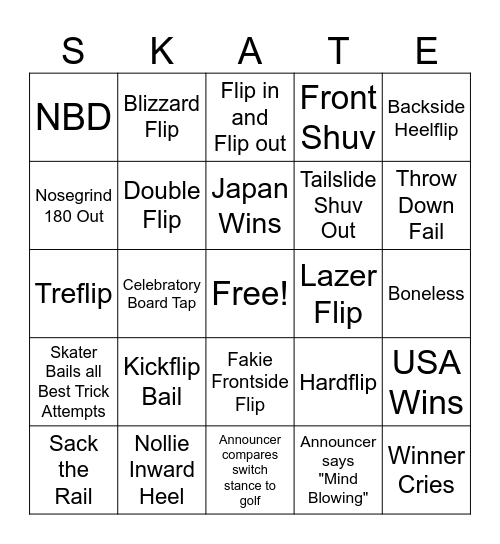 Skateboarding Olympics Bingo Card