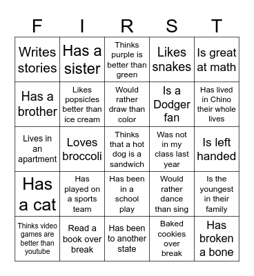 First Day of School Bingo Card