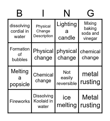Physical and Chemical Changes Bingo Card