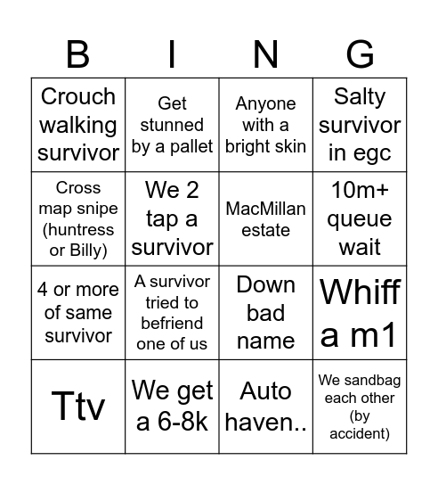 2v8 dbd Bingo Card