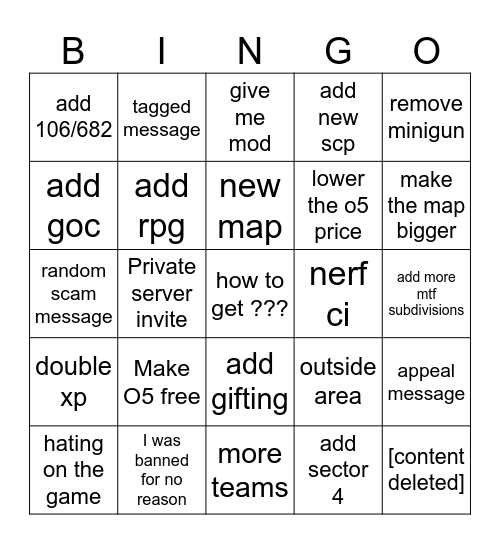 SCP:RP group wall bingo Card