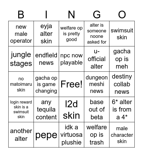 arknights cn livestream bingo Card