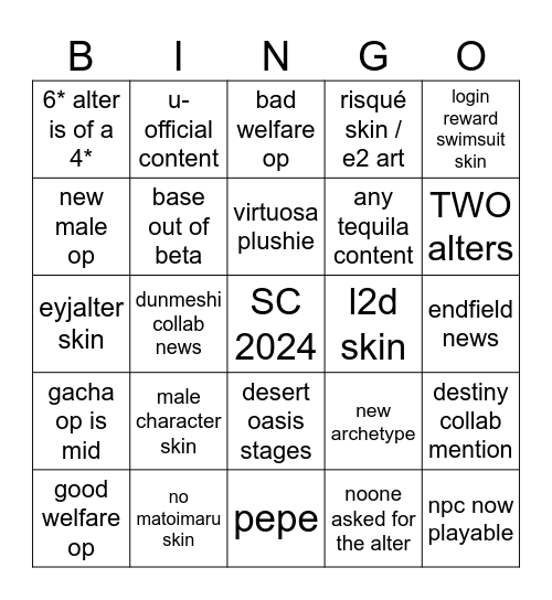 arknights CN livestream bingo Card