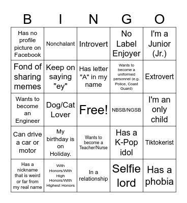 Get to know Me Bingo Card
