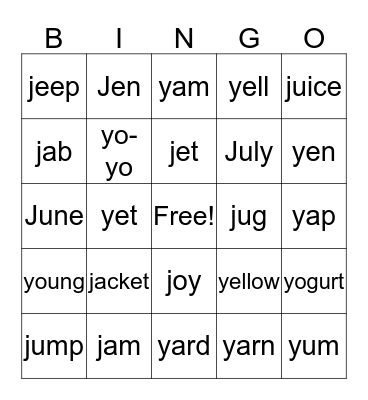 "j" and "y" sounds Bingo Card