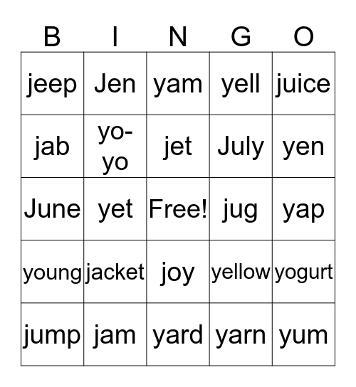 "j" and "y" sounds Bingo Card