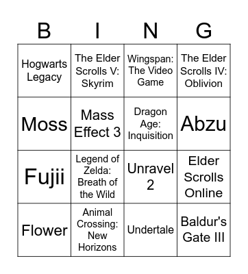 Reception Music: Video Game Sources Bingo Card