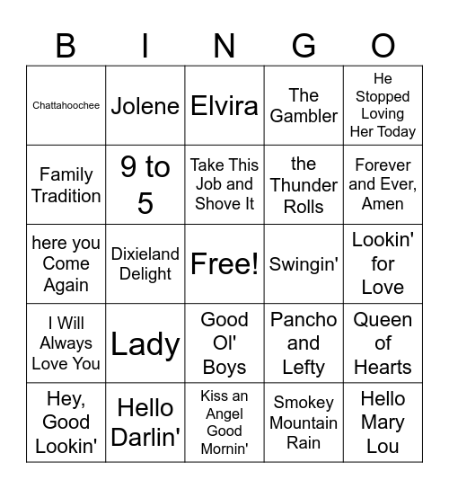 Country Music Bingo Card