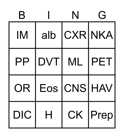 MEDICAL TERMINOLOGY ABBREVIATIONS Bingo Card