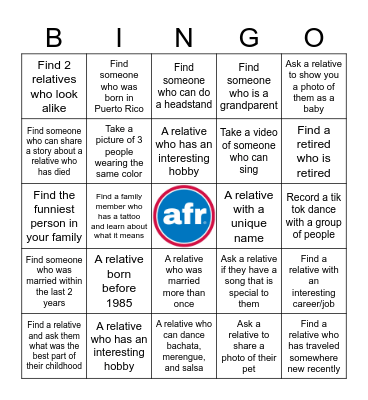 Alicea 2024 Family Reunion Bingo Card