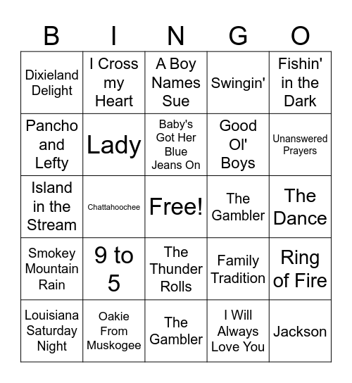 Country Music Bingo Card