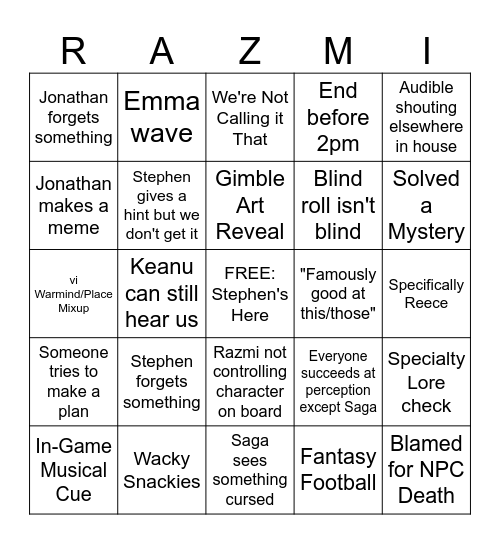 Fateless Razmi Bingo Card